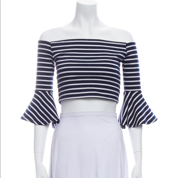 Reformation clover black white stripe ribbed off the shoulder bell sleeve top - Picture 8 of 11